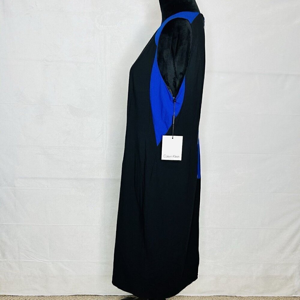 NWT Calvin Klein Womens Blue Black Round Neck Sleeveless Sheath Dress Size 14 - Picture 4 of 9